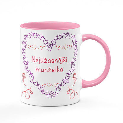 Keramický hrnek bílý s růžovým lemem vnitřkem a uchem motiv Nejúžasnější manželka