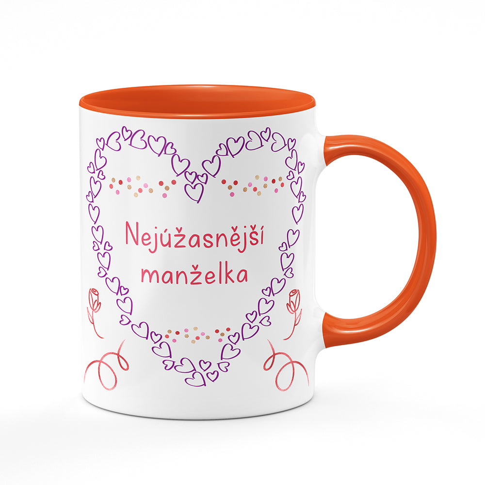 Keramický hrnek bílý s oranžovým lemem vnitřkem a uchem motiv Nejúžasnější manželka