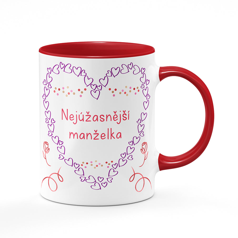 Keramický hrnek bílý s červeným lemem vnitřkem a uchem motiv Nejúžasnější manželka