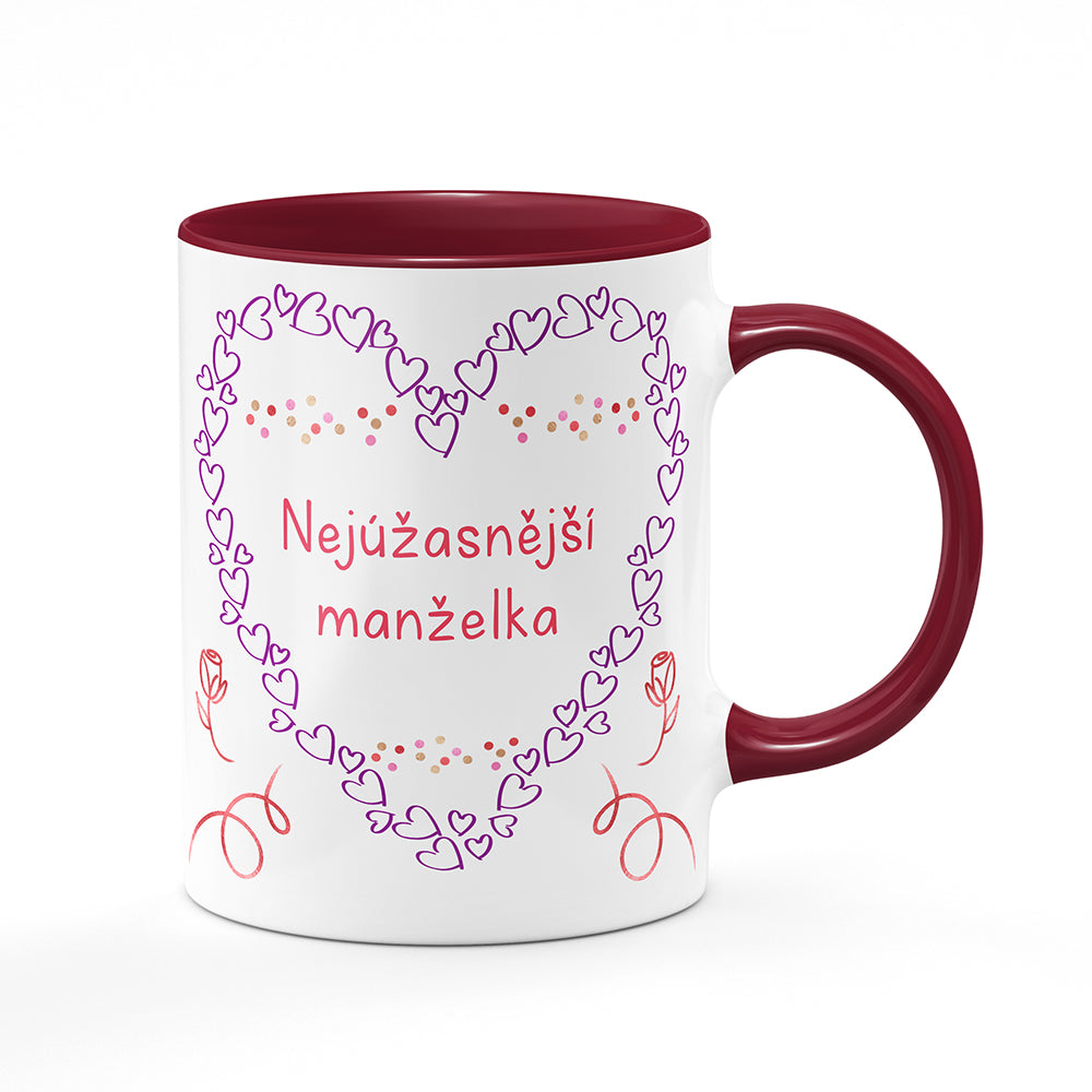 Keramický hrnek bílý s bordó vínovým lemem vnitřkem a uchem motiv Nejúžasnější manželka