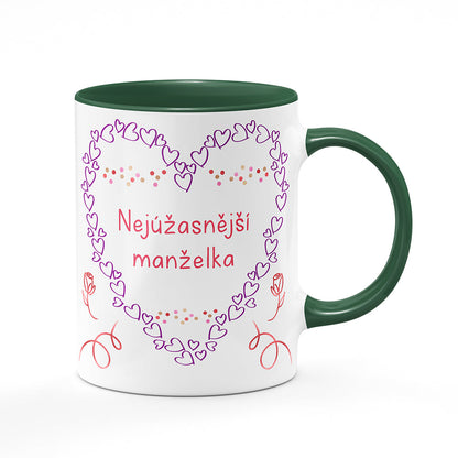 Keramický hrnek bílý s zeleným lemem vnitřkem a uchem motiv Nejúžasnější manželka