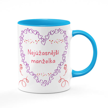 Keramický hrnek bílý s světle modrým lemem vnitřkem a uchem motiv Nejúžasnější manželka