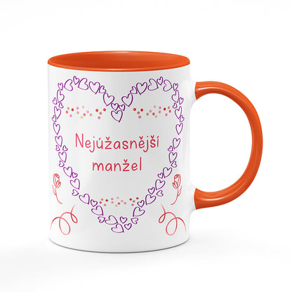 Keramický hrnek bílý s oranžovým lemem vnitřkem a uchem motiv Nejúžasnější manžel