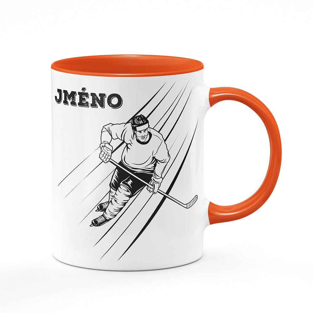 Keramický hrnek bílý s oranžovým lemem vnitřkem a uchem motiv Hokejista