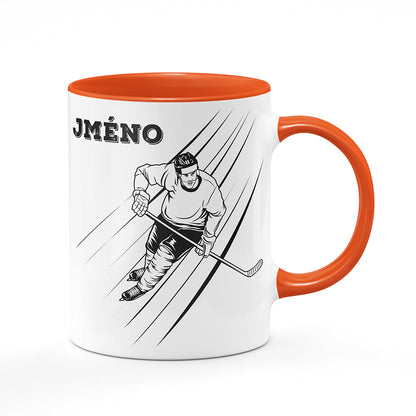 Keramický hrnek bílý s oranžovým lemem vnitřkem a uchem motiv Hokejista