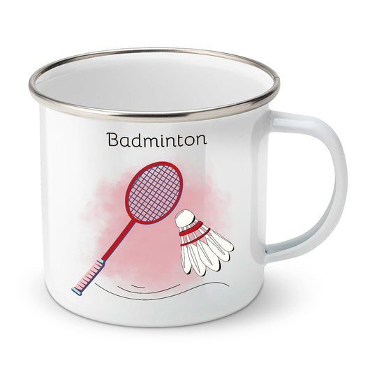 Bílý smaltovaný plechový hrnek motiv Badminton