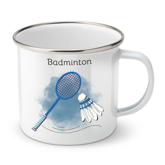 Bílý smaltovaný plechový hrnek motiv Badminton