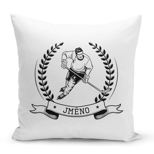 Bílý polštář s oboustranným potiskem a zipem motiv Hokejista