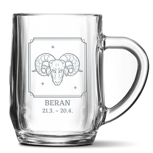 Skleněný pivní půllitr s gravírovaným motivem Beran