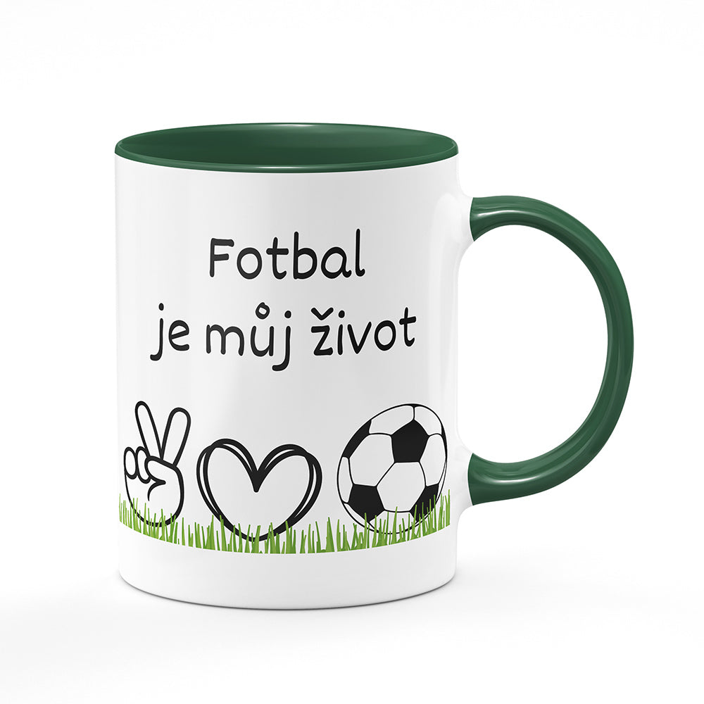 Keramický hrnek bílý s zeleným lemem vnitřkem a uchem motiv Fotbal je můj život