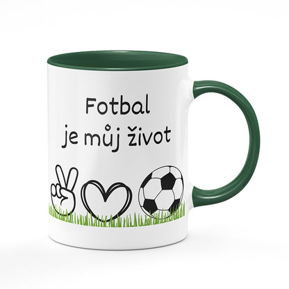 Keramický hrnek bílý s zeleným lemem vnitřkem a uchem motiv Fotbal je můj život