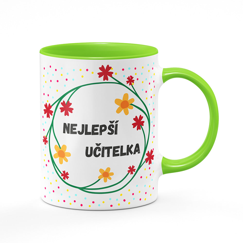 Keramický hrnek bílý s světle zeleným lemem vnitřkem a uchem motiv Nejlepší učitelka