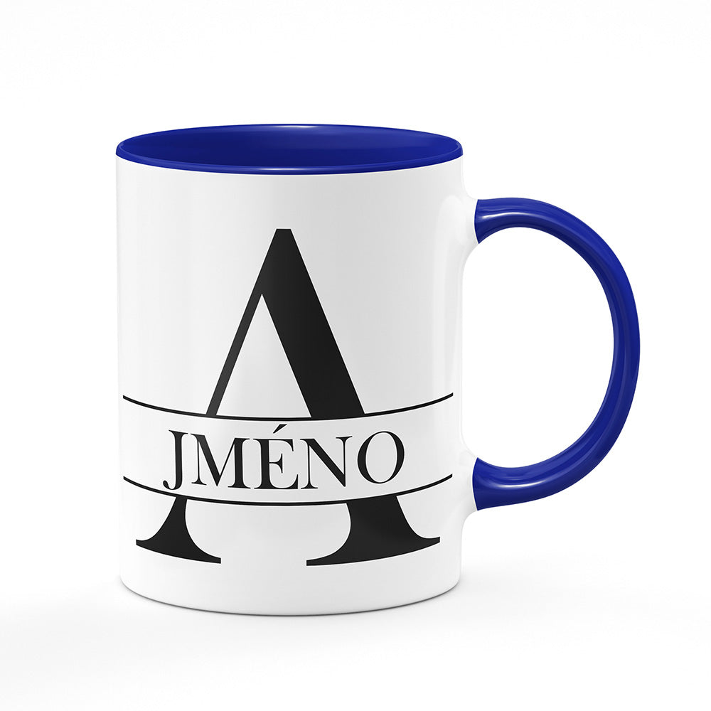 Keramický hrnek bílý s modrým lemem vnitřkem a uchem motiv Se jménem A...