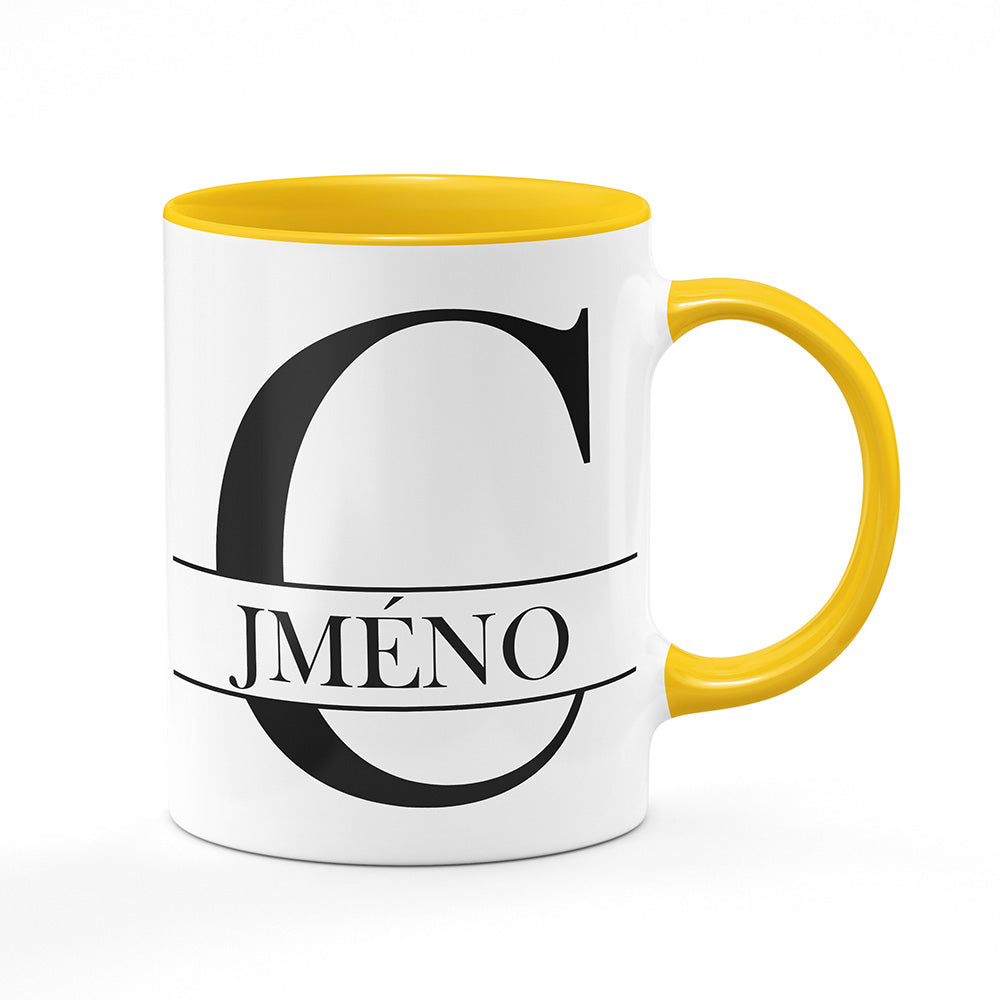 Keramický hrnek bílý s žlutým lemem vnitřkem a uchem motiv Se jménem C…