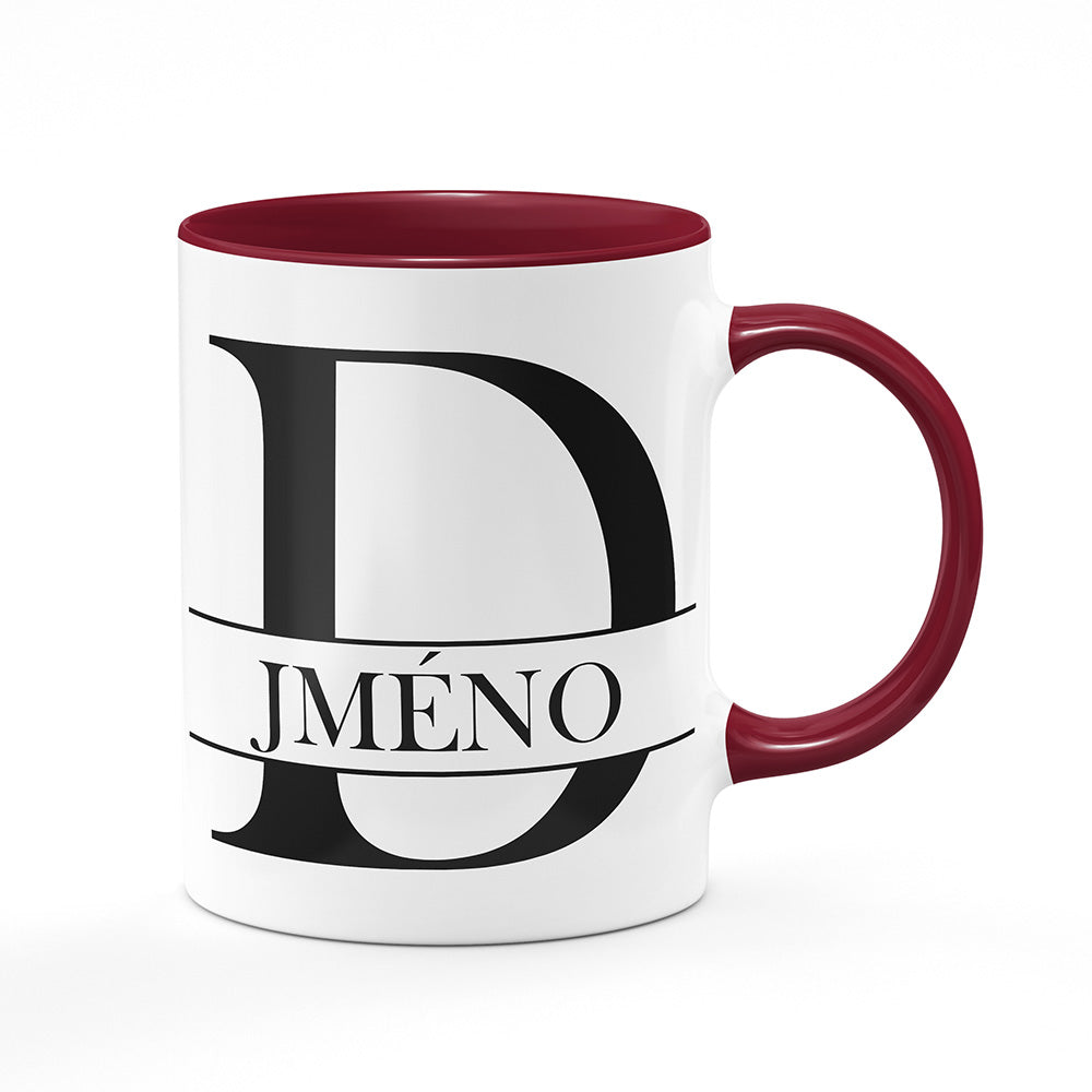 Keramický hrnek bílý s bordó vínovým lemem vnitřkem a uchem motiv Se jménem D…