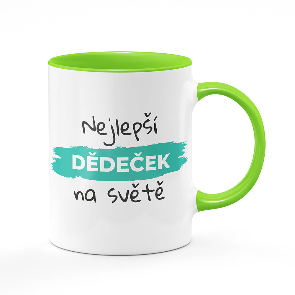 Keramický hrnek bílý s světle zeleným lemem vnitřkem a uchem motiv Nejlepší dědeček na světě