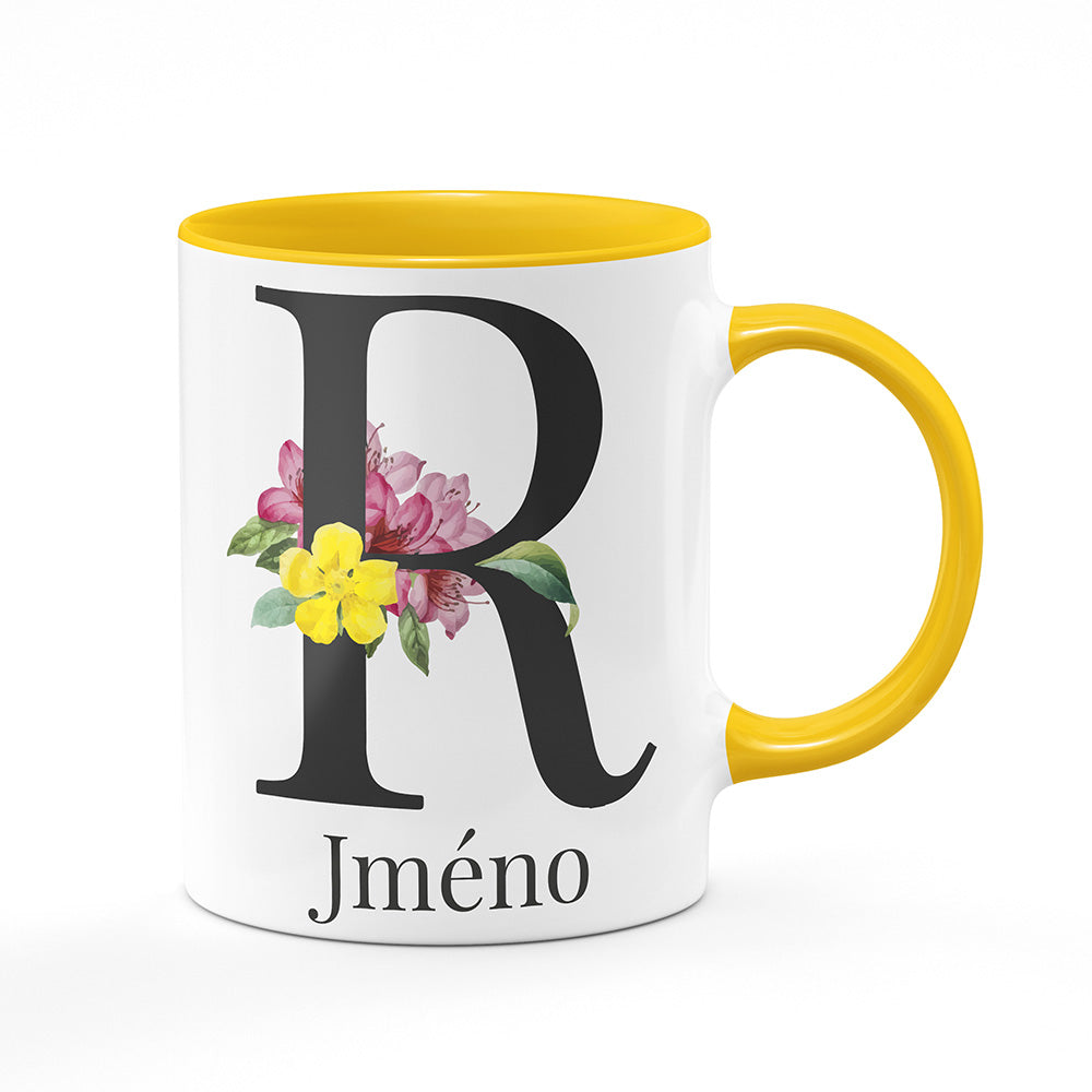 Keramický hrnek bílý s žlutým lemem vnitřkem a uchem motiv Se jménem R...
