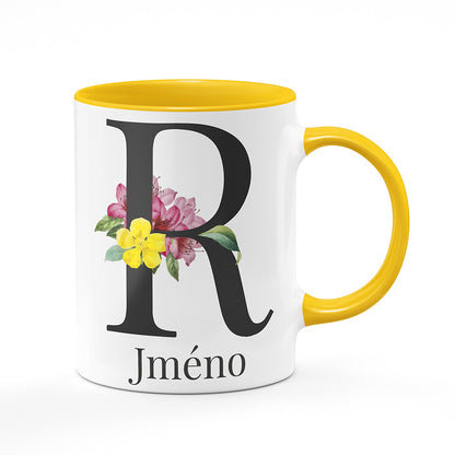 Keramický hrnek bílý s žlutým lemem vnitřkem a uchem motiv Se jménem R...