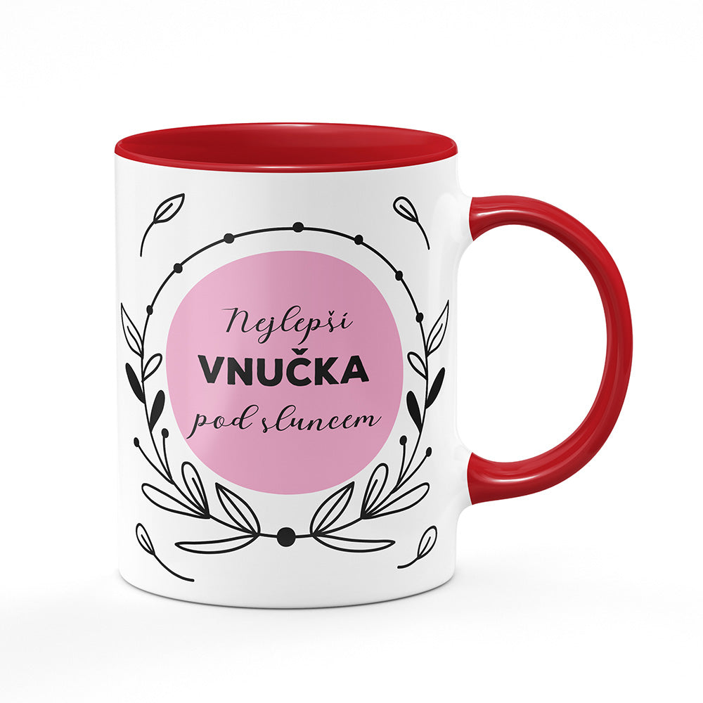 Keramický hrnek bílý s červeným lemem vnitřkem a uchem motiv Nejlepší vnučka pod sluncem