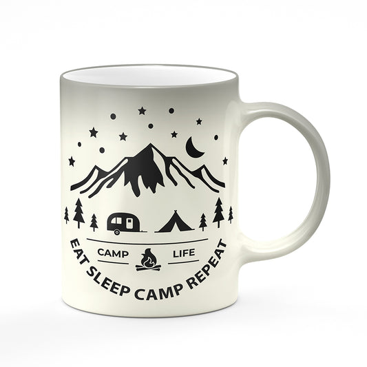 Magický svlékací hrnek motiv Eat Sleep Camp Repeat