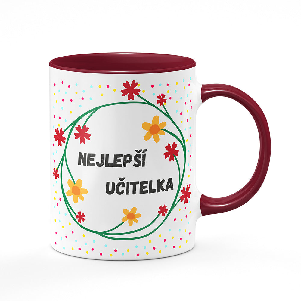 Keramický hrnek bílý s bordó vínovým lemem vnitřkem a uchem motiv Nejlepší učitelka