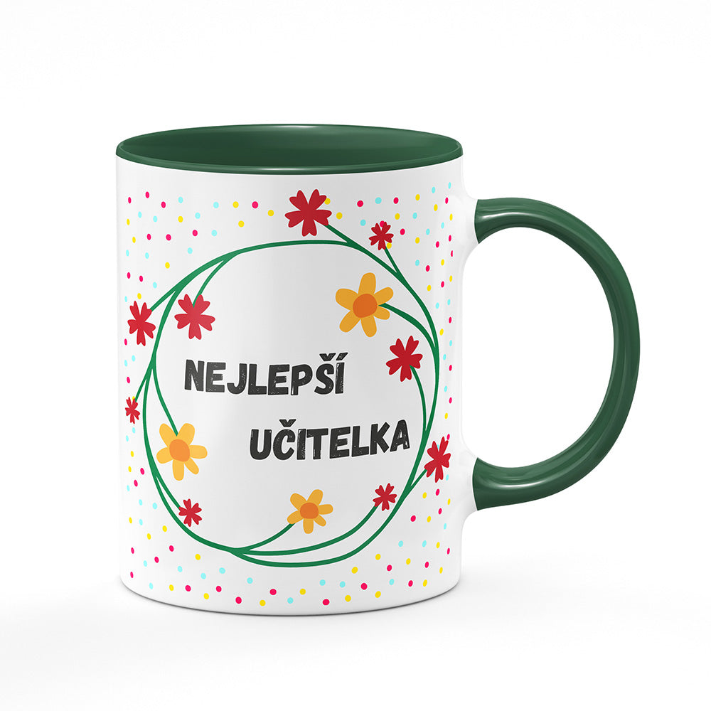 Keramický hrnek bílý s zeleným lemem vnitřkem a uchem motiv Nejlepší učitelka