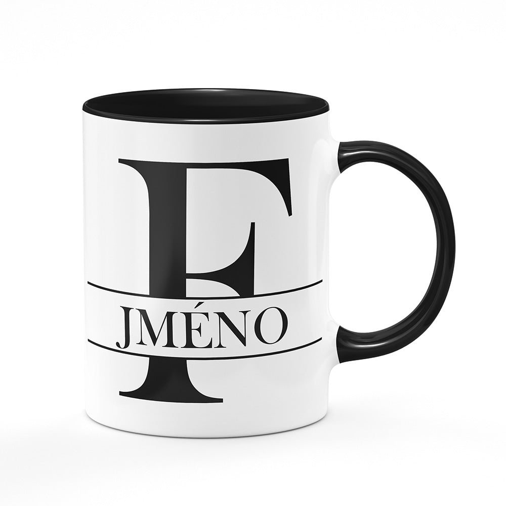 Keramický hrnek bílý s černým lemem vnitřkem a uchem motiv Se jménem F…
