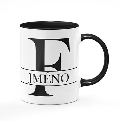 Keramický hrnek bílý s černým lemem vnitřkem a uchem motiv Se jménem F…