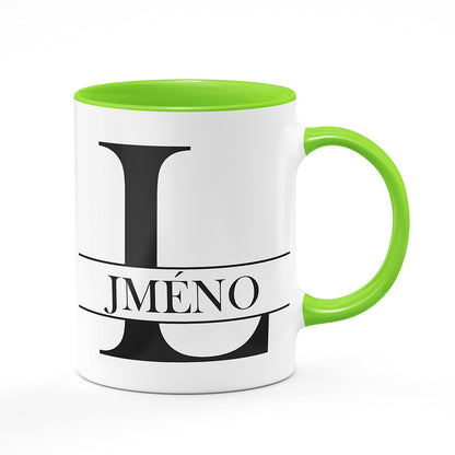 Keramický hrnek bílý s světle zeleným lemem vnitřkem a uchem motiv Se jménem L…