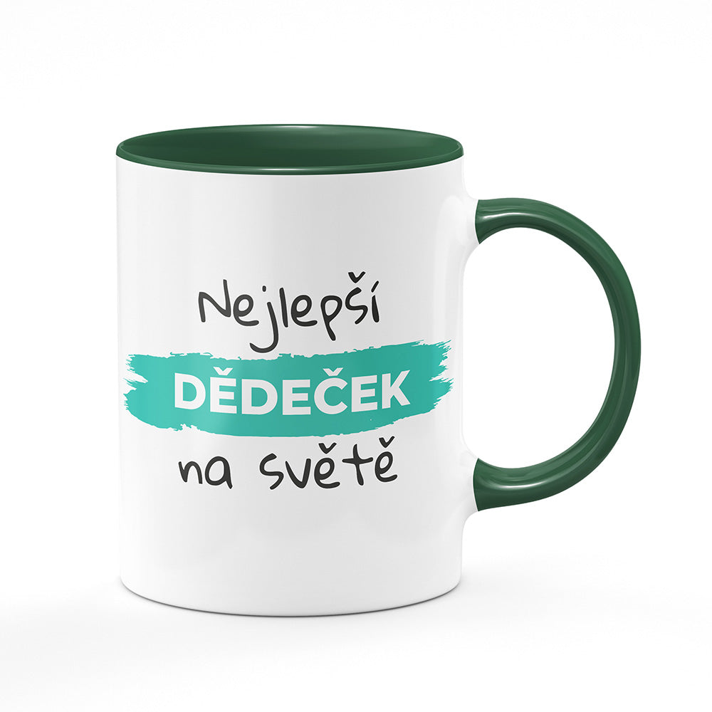 Keramický hrnek bílý s zeleným lemem vnitřkem a uchem motiv Nejlepší dědeček na světě
