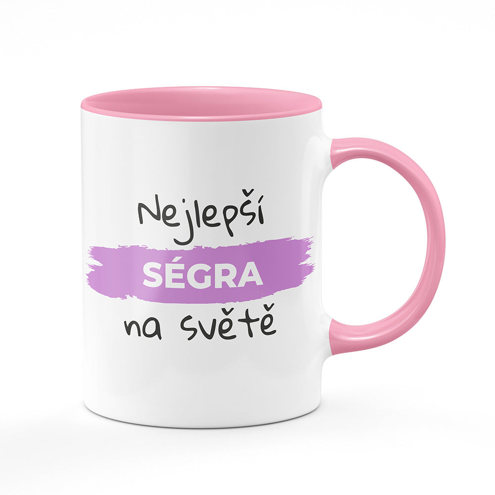 Keramický hrnek bílý s růžovým lemem vnitřkem a uchem motiv Nejlepší ségra na světě