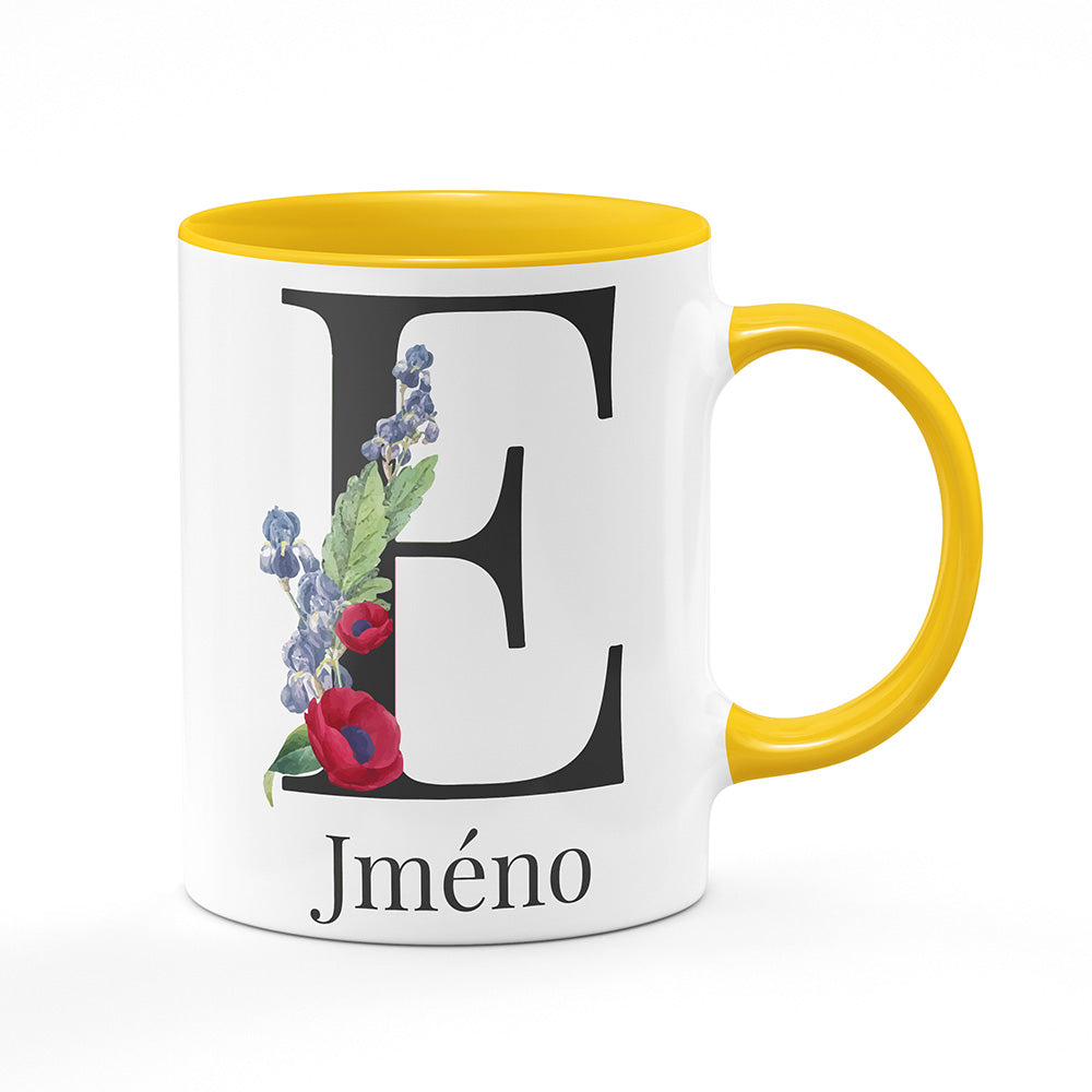 Keramický hrnek bílý s žlutým lemem vnitřkem a uchem motiv Se jménem E…