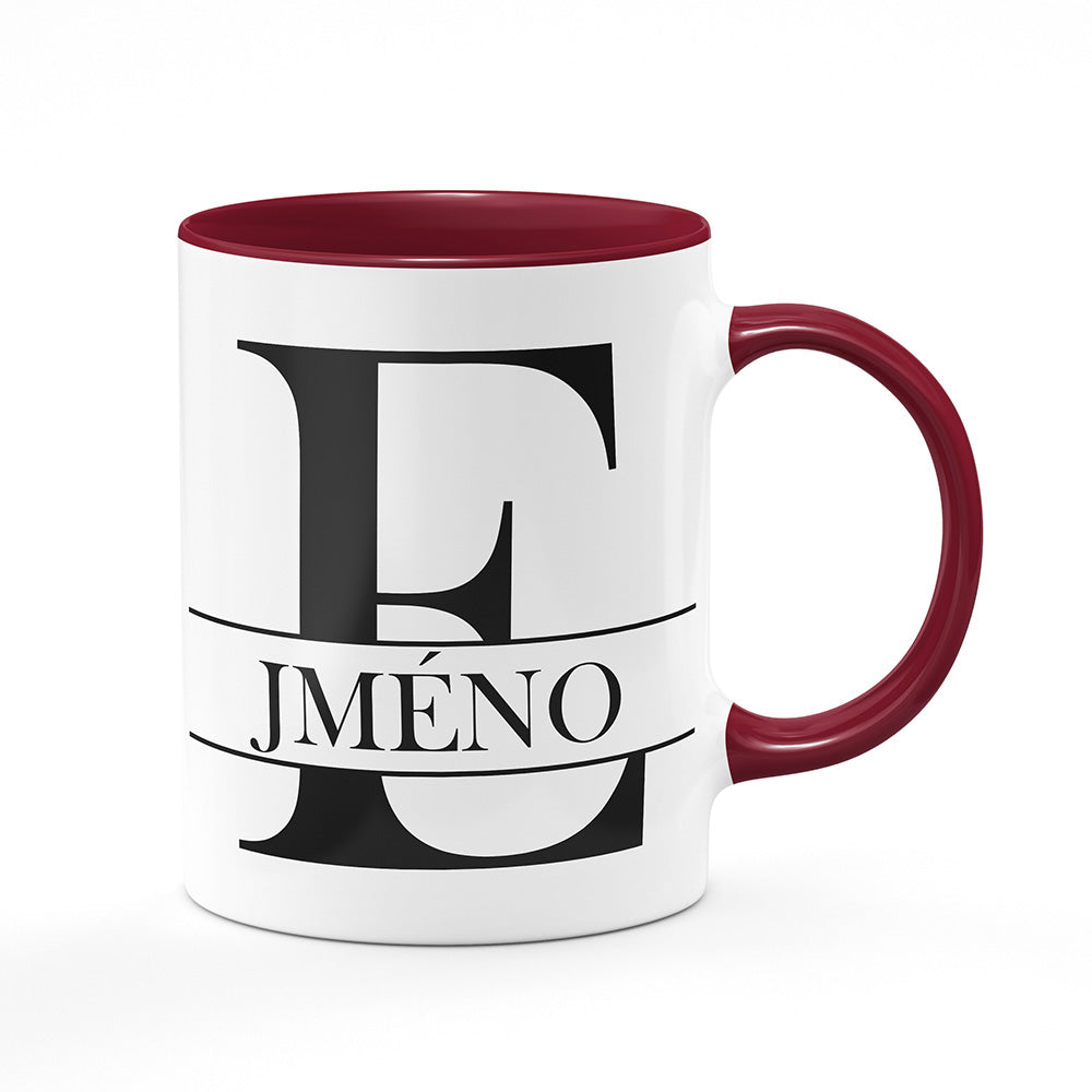 Keramický hrnek bílý s bordó vínovým lemem vnitřkem a uchem motiv Se jménem E…