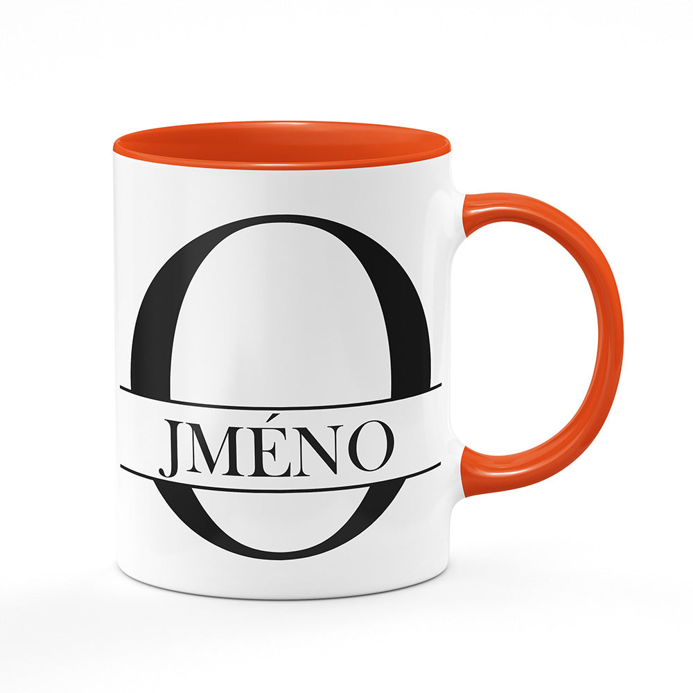 Keramický hrnek bílý s oranžovým lemem vnitřkem a uchem motiv Se jménem O…