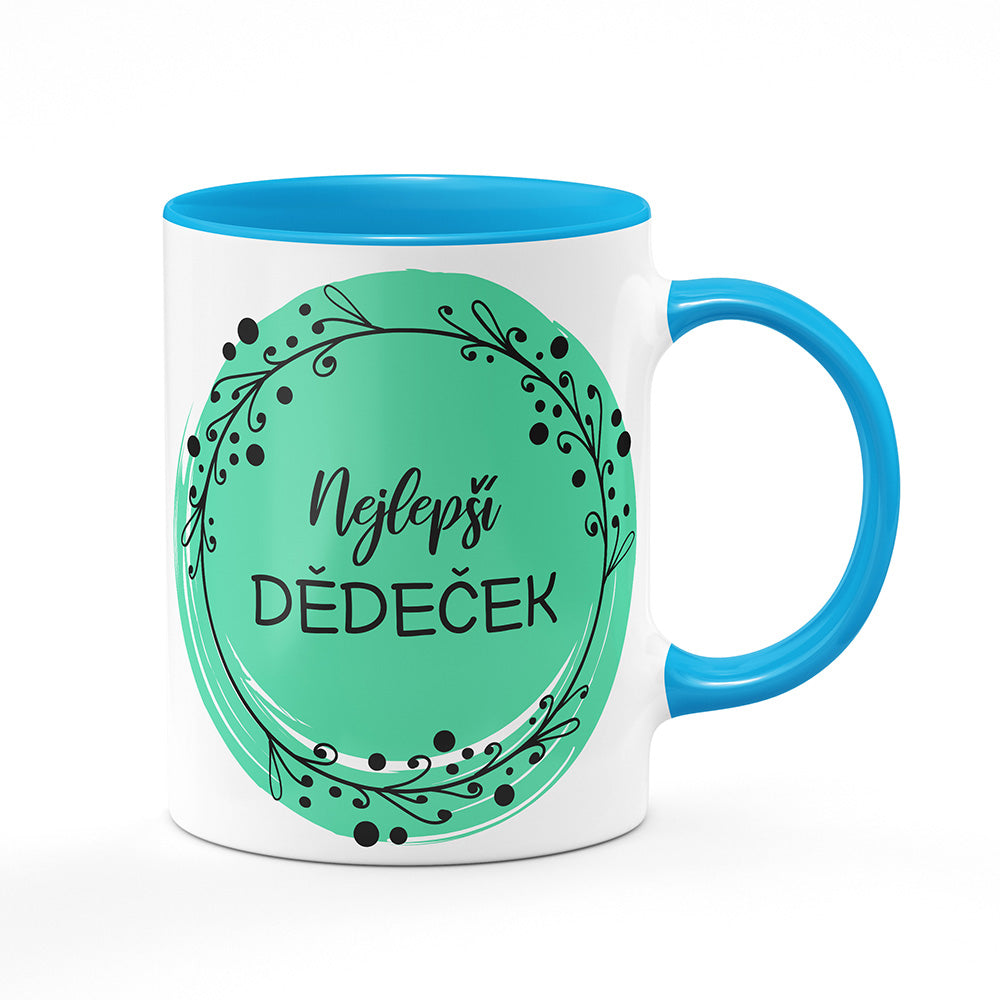 Keramický hrnek bílý s světle modrým lemem vnitřkem a uchem motiv Nejlepší dědeček