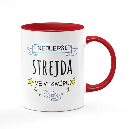 Keramický hrnek bílý s červeným lemem vnitřkem a uchem motiv Nejlepší strejda ve vesmíru