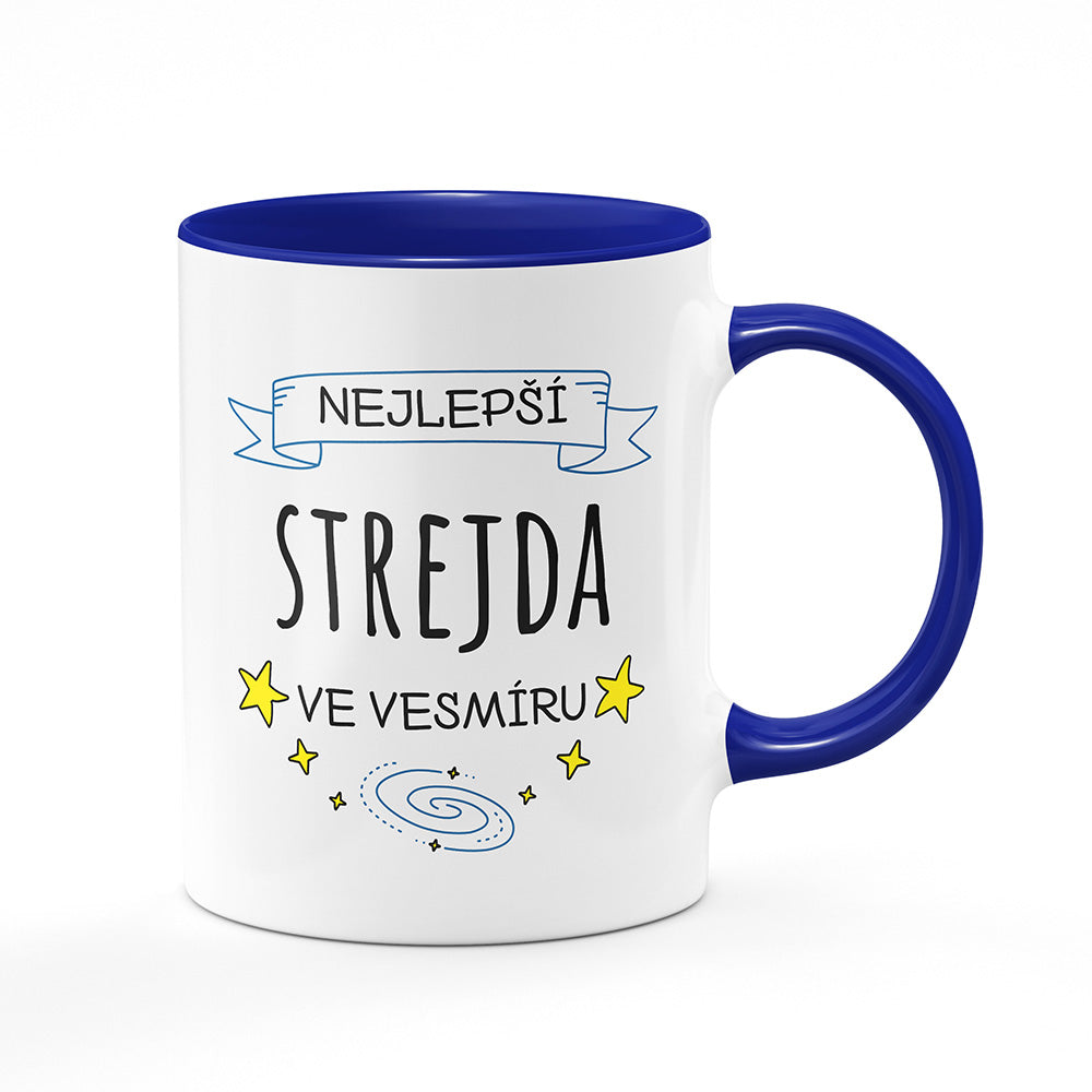 Keramický hrnek bílý s modrým lemem vnitřkem a uchem motiv Nejlepší strejda ve vesmíru