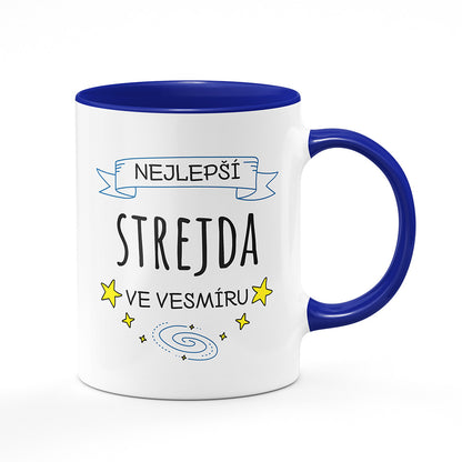 Keramický hrnek bílý s modrým lemem vnitřkem a uchem motiv Nejlepší strejda ve vesmíru
