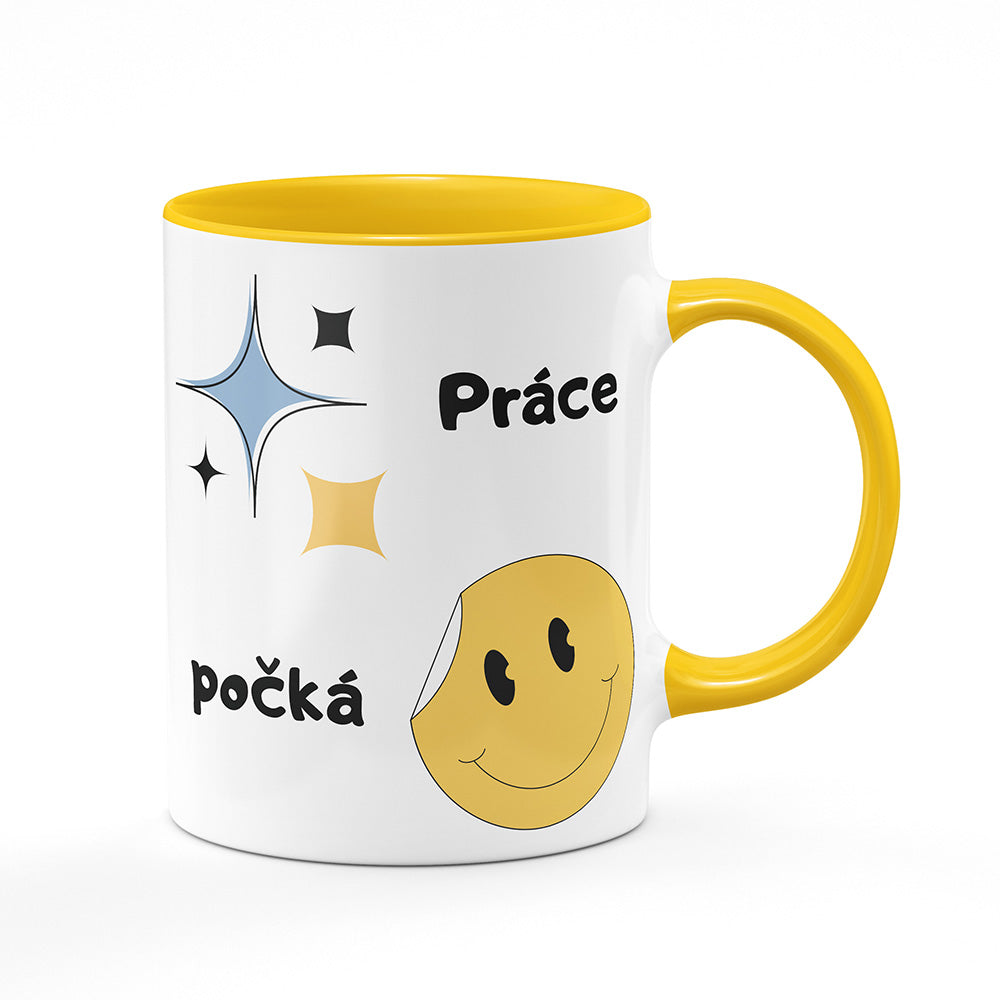 Keramický hrnek bílý s žlutým lemem vnitřkem a uchem motiv Práce počká