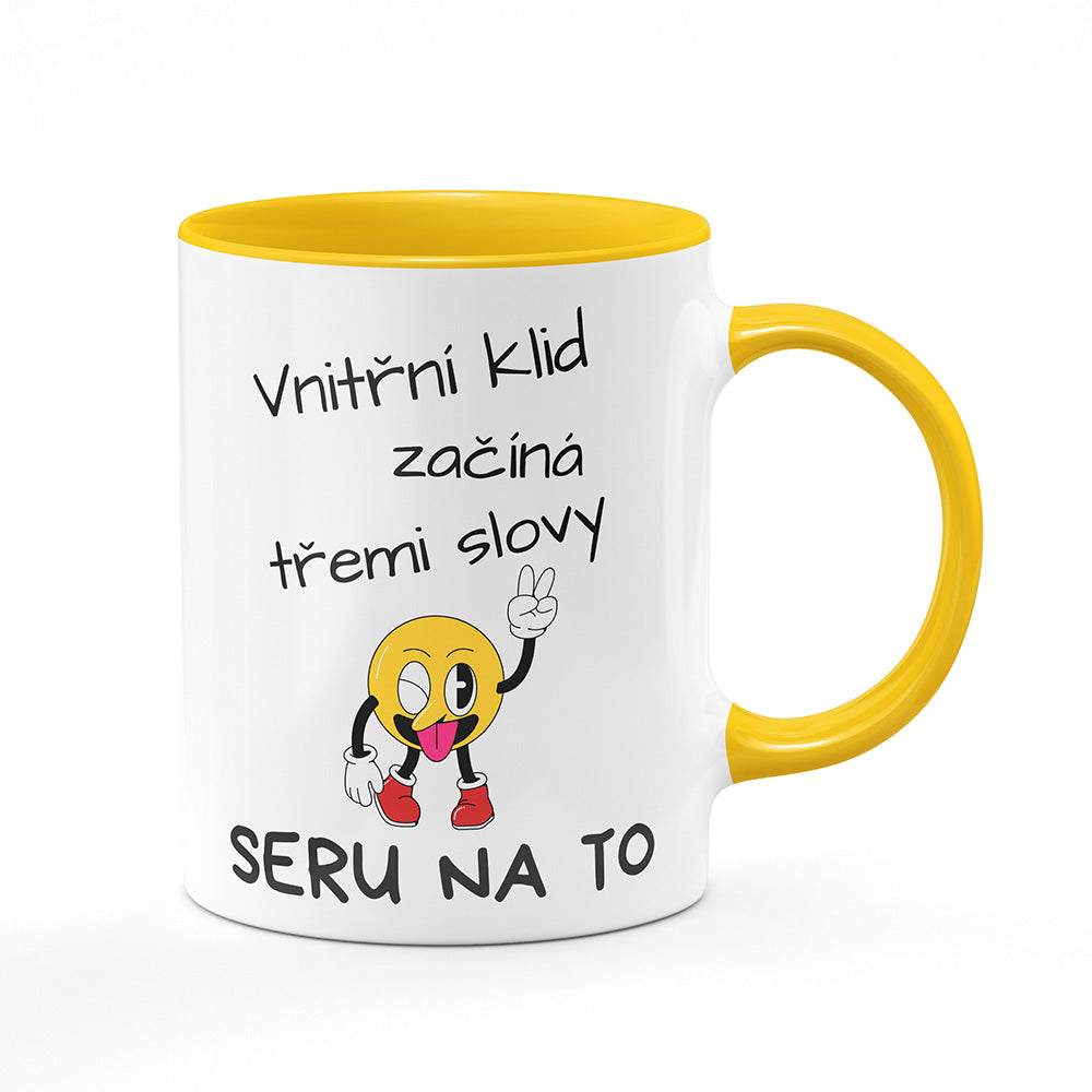 Keramický hrnek bílý s žlutým lemem vnitřkem a uchem motiv Vnitřní klid…