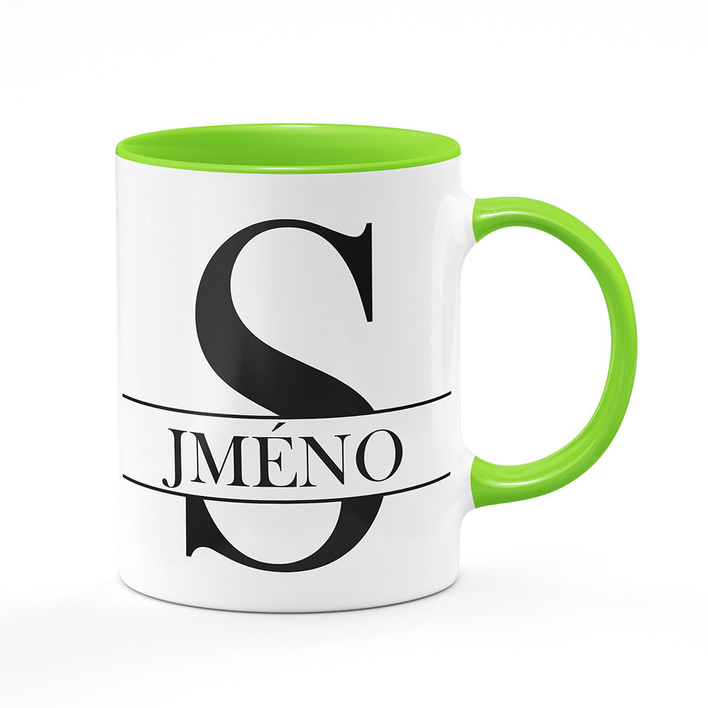 Keramický hrnek bílý s světle zeleným lemem vnitřkem a uchem motiv Se jménem S…