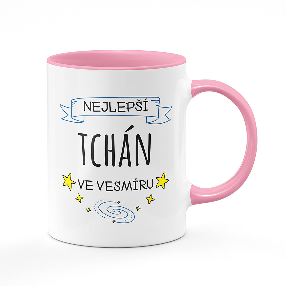 Keramický hrnek bílý s růžovým lemem vnitřkem a uchem motiv Nejlepší tchán ve vesmíru