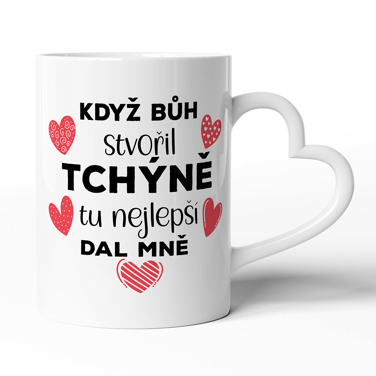 Keramický hrníček s uchem ve tvaru srdce motiv Když bůh stvořil tchýně