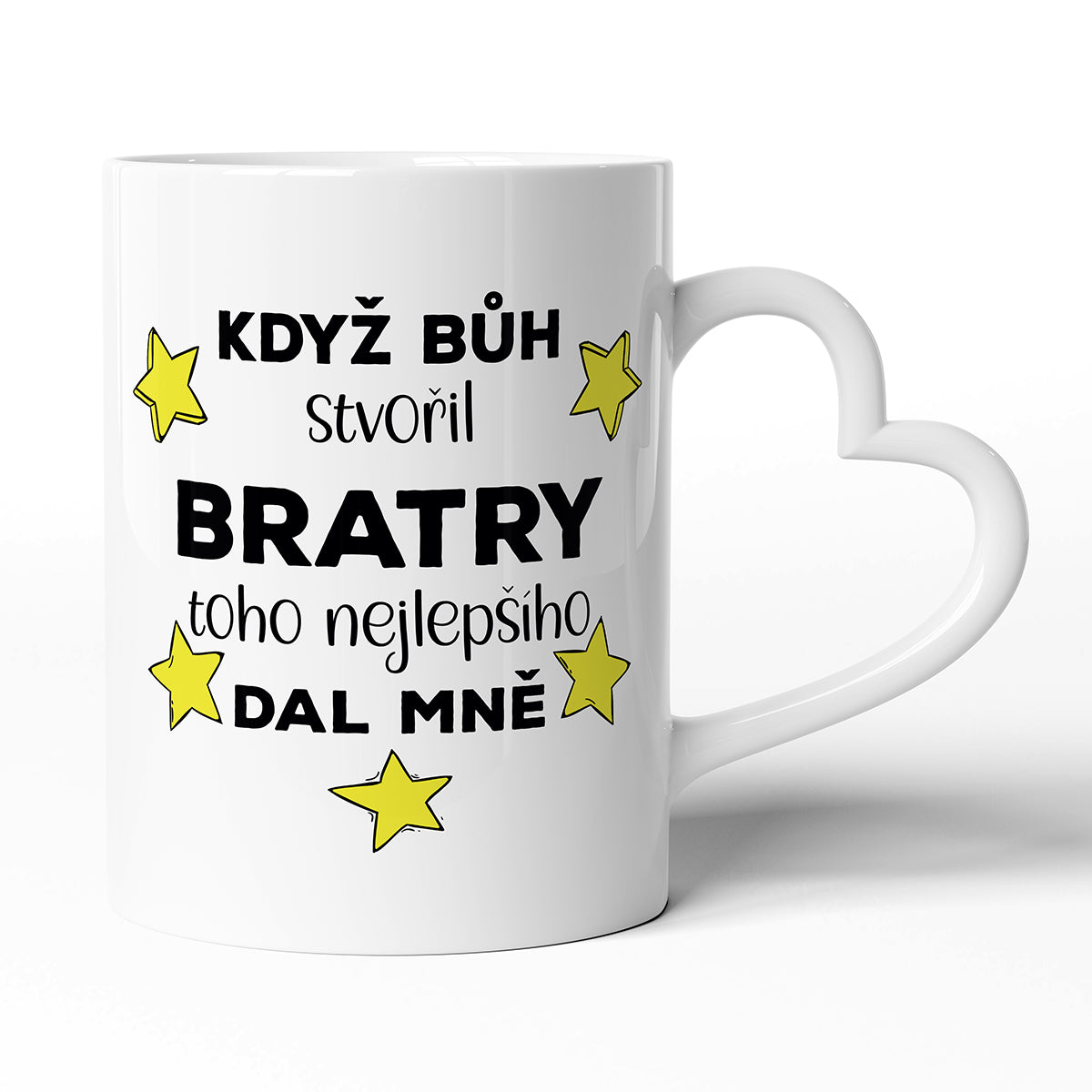 Keramický hrníček s uchem ve tvaru srdce motiv Když bůh stvořil bratry