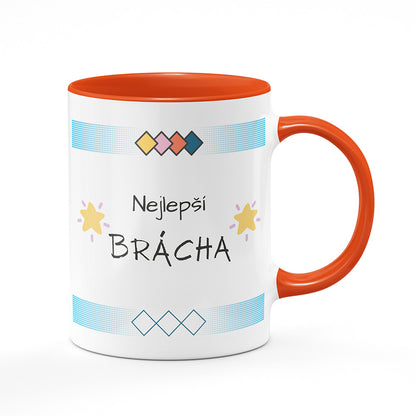 Keramický hrnek bílý s oranžovým lemem vnitřkem a uchem motiv Nejlepší brácha