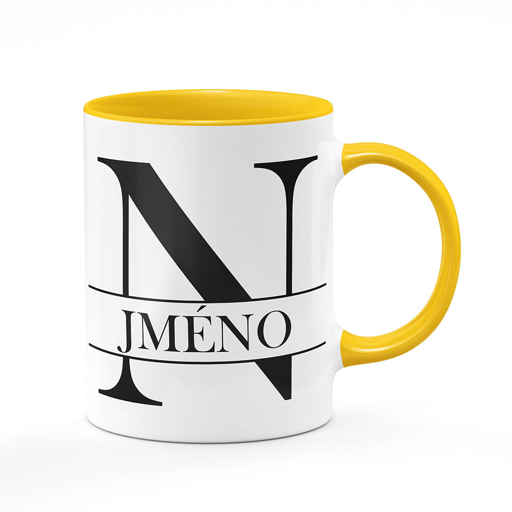 Keramický hrnek bílý s žlutým lemem vnitřkem a uchem motiv Se jménem N…