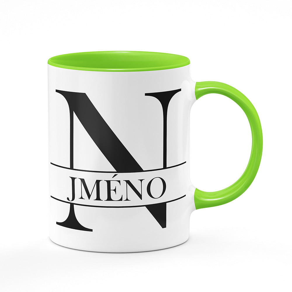 Keramický hrnek bílý s světle zeleným lemem vnitřkem a uchem motiv Se jménem N…