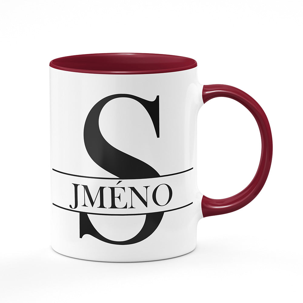 Keramický hrnek bílý s bordó vínovým lemem vnitřkem a uchem motiv Se jménem S…