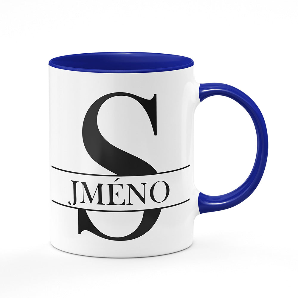 Keramický hrnek bílý s modrým lemem vnitřkem a uchem motiv Se jménem S…