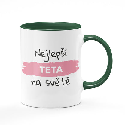 Keramický hrnek bílý s zeleným lemem vnitřkem a uchem motiv Nejlepší teta na světě